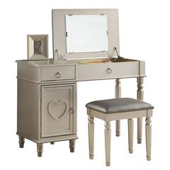 Wooden Makeup Vanity Set Desk, Mirror and Stool - Silver
