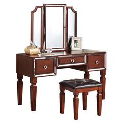 Wooden Makeup Vanity Set with Tri-fold Mirror and Stool - Cherry