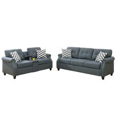 Poundex 2 Piece Fabric Sofa Set with USB Console in Blue Gray, Sofa: 84" W x 33" D x 36" H, Loveseat with USB Console: 72" W x 33" D x 36" H, Package Weight 129