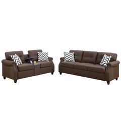 Poundex 2 Piece Fabric Sofa Set with USB Console in Dark Coffee, Sofa: 84" W x 33" D x 36" H, Loveseat with USB Console: 72" W x 33" D x 36" H, Package Weight 129