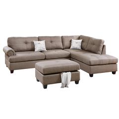 Poundex 3 Piece Fabric Sectional Set with Storage Ottoman in Light Coffee, 107" W x 75" D x 35" H, Package Weight 102