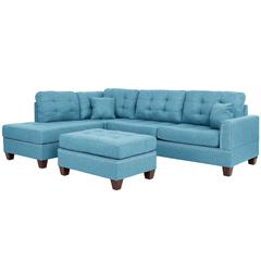 Poundex 3 Piece Fabric Sectional Set with Ottoman in Blue Gray, 104" W x 75" D x 35" H, Package Weight 97