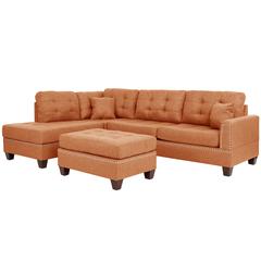 Poundex 3 Piece Fabric Sectional Set with Ottoman in Citrus Orange, 104" W x 75" D x 35" H, Package Weight 97
