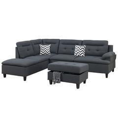 Poundex 3 Piece Fabric Sectional Set with Storage Ottoman in Charcoal Gray, 105" W x 77" D x 37" H, Package Weight 96