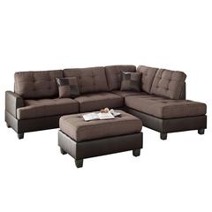 Poundex 3 Piece Fabric Sectional Set with Ottoman in Chocolate Color, 104" W x 75" D x 35" H, Package Weight 96