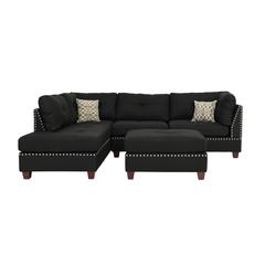 Poundex 3 Piece Fabric Sectional Set with Ottoman in Black, 104" W x 75" D x 35" H, Package Weight 108