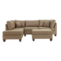 Poundex 3 Piece Fabric Sectional Set with Ottoman in Sand Brown, 104" W x 75" D x 35" H, Package Weight 86