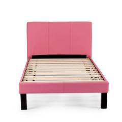 Twin Upholstered Bed Frame with Slats in Pink Faux Leather