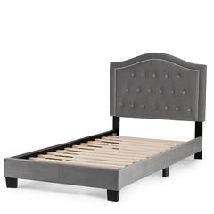 Twin Upholstered Bed Frame with Slats in Gray Velvet Fabric
