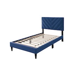 Adjustable V-Stitch Headboard Twin Bed Frame in Navy Blue Velvet