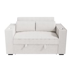 Upholstered Corduroy Convertible Sofa with Cupholders in Beige