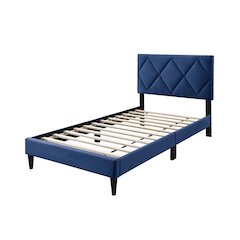 Adjustable Diamond Tufted Headboard Twin Bed Frame in Navy Blue Velvet