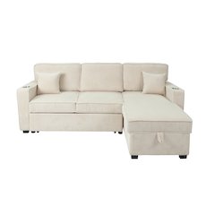 Upholstered Corduroy Reversible Storage Chaise Convertible Sectional in Beige