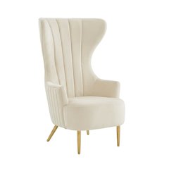 Beige Velvet Wingback Chair With Gold Frame And Channel Tufted Back