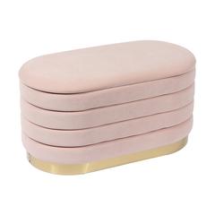 Pink velvet storage bench with gold legs, spacious seat and hidden storage