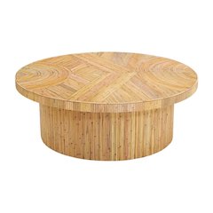 Brown Rattan Veneer Coffee Table with Mahogany Legs and Sturdy Wood Design