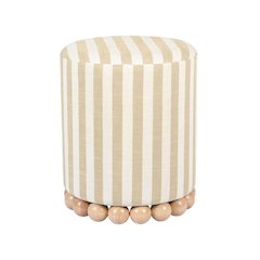 Beige Striped Linen Ottoman, Casual Textured Accent Seat