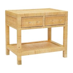 Rattan Nightstand with Mahogany Legs and Storage Compartments