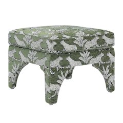 Olive Green Leopard Jacquard Ottoman, Bold Patterned Statement Seat