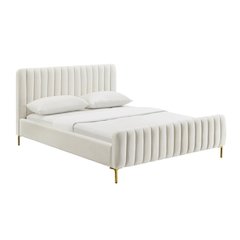 Beige Velvet Queen Bed Frame With Channel Tufting And Gold Metal Legs