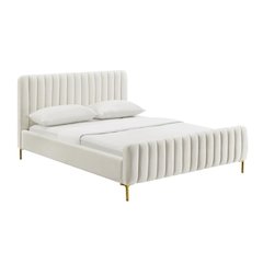Beige Full Size Velvet Bed Frame With Gold Legs And Channel Tufted Headboard