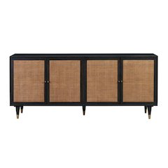 Black Rattan Cabinet With Doors And Brass Accents, A Boho Media Console