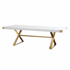 White Wood Dining Table With Gold Stainless Steel Base And Modern Design