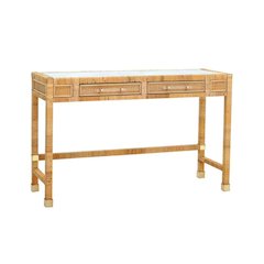 Glass Top Rattan Writing Desk With Drawers And Natural Veneer Wood Base