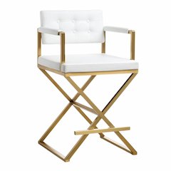 White Faux Leather Bar Stool With Gold Steel Frame And Back Support Arms