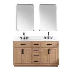 60" Double Bathroom Vanity in Light Brown with Mirror