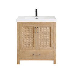 Single Bathroom Vanity in Light Brown White Artificial Drop-in Sink