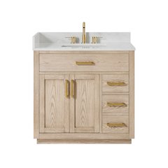 36"Single Bathroom Vanity in Natural Ash,Grain White Engineered Stone Countertop