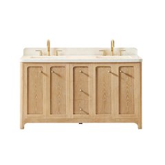 60"Double Bathroom Vanity in Brushed Oak,Grain White Engineered Stone Countertop