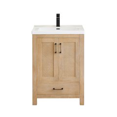 Single Bathroom Vanity in Light Brown White Ceramic Drop-in Sink
