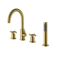 Cross Handles Deck-Mount Roman Tub Faucet in Brushed Gold with Handshower