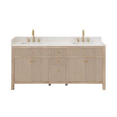 Double Bathroom Vanity in Nature Oak Grain White Engineered Stone Countertop