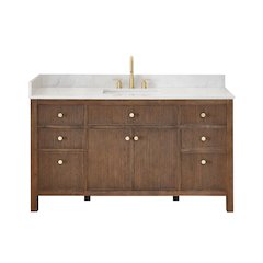 Single Bathroom Vanity in Brown Oak Grain White Engineered Stone Countertop