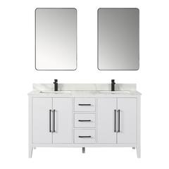 Double Bathroom Vanity in White with White Quartz Stone Countertop with Mirror