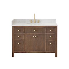 Single Bathroom Vanity in Brown Oak Grain White Engineered Stone Countertop