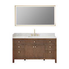 Single Bathroom Vanity in Brown Oak Grain White Engineered Stone Countertop