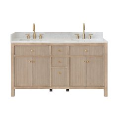 Double Bathroom Vanity in Nature Oak Grain White Engineered Stone Countertop