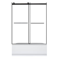 Frameless Exposed Roller Tub Door in Matte Black with Clear Glass