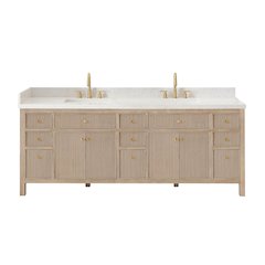 Double Bathroom Vanity in Nature Oak Grain White Engineered Stone Countertop