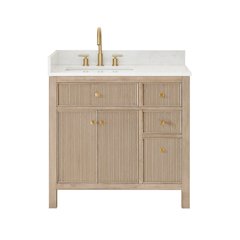 Single Bathroom Vanity in Nature Oak Grain White Engineered Stone Countertop