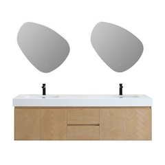 Double Bathroom Vanity in Light Brown White Artificial Drop-in Sink