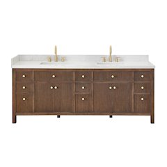 Double Bathroom Vanity in Brown Oak Grain White Engineered Stone Countertop