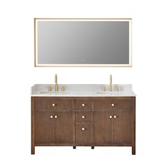 Double Bathroom Vanity in Brown Oak Grain White Engineered Stone Countertop