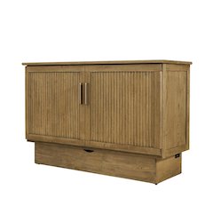 Queen Flip-Top Cabinet Bed in Warm Brown with Reeded Wood Design, Metal Glides