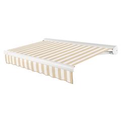 Full Cassette Left Motorized Patio Retractable Awning, Linen/White Stripe
