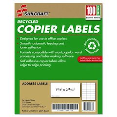 7530012074363, SKILCRAFT Recycled Copier Labels, Copiers, 1.38 x 2.81, White, 24/Sheet, 100 Sheets/Box